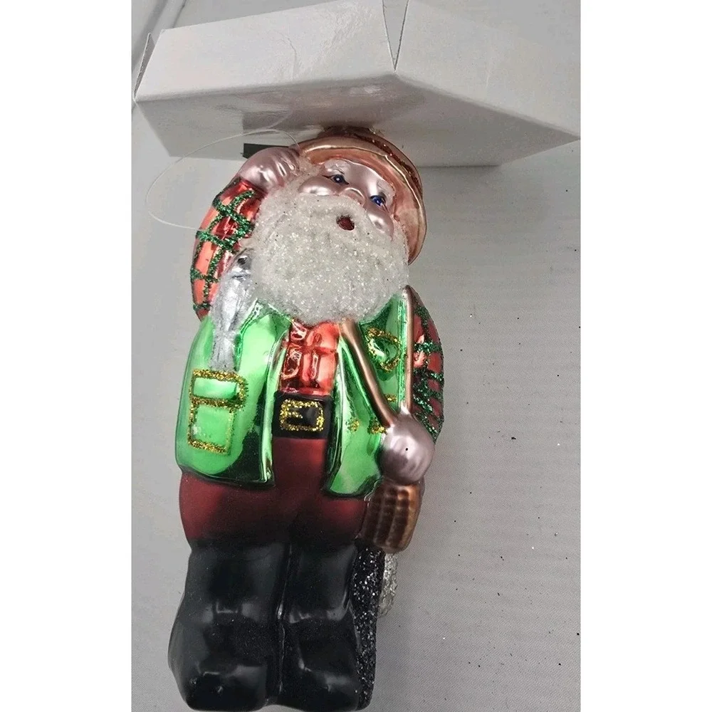 VTG 1990's Holiday Time‎ Ornament Fisherman Fishing Santa Glass Hand Painted